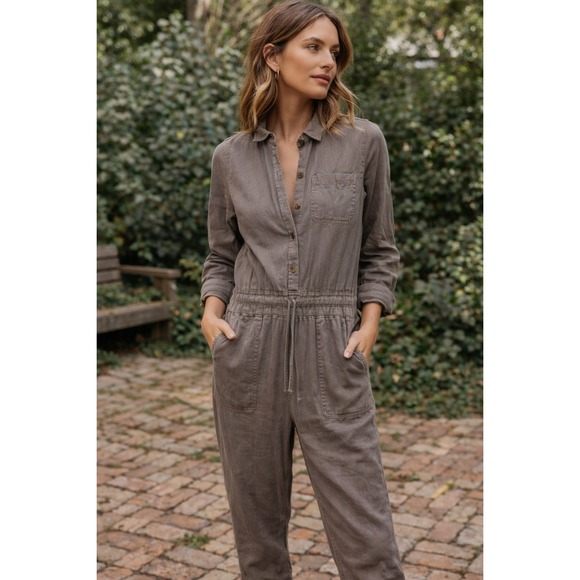 Faherty Jumpsuit Womens Large Gray Poplar Tencel Linen Utility One Piece